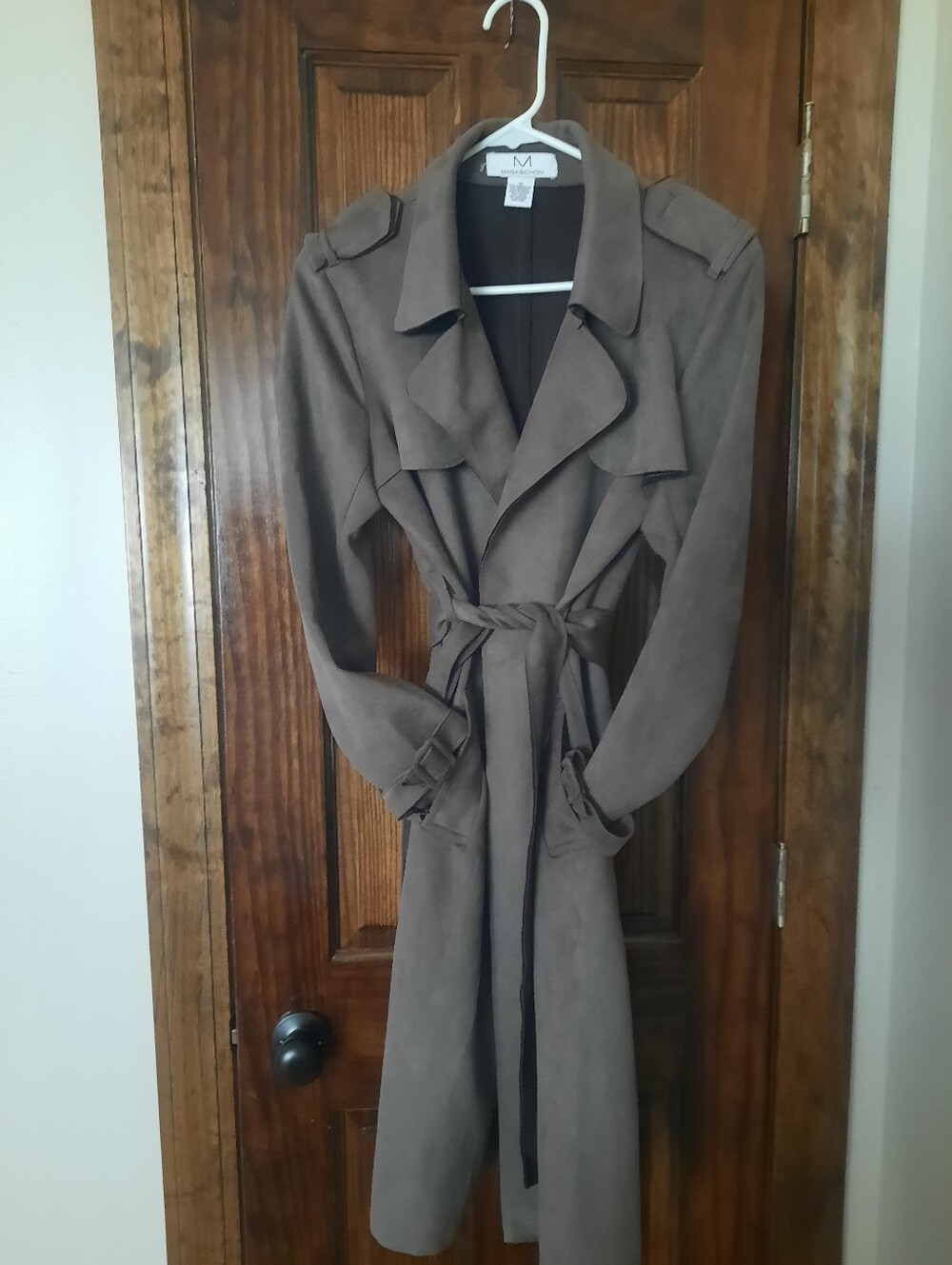 Magaschoni Taupe Faux-Suede Trench Coat with Self-Tie Belt